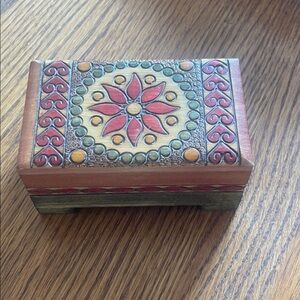 Hand-Painted Polish Decorative Wood Trinket Box - Red, Green, Yellow.